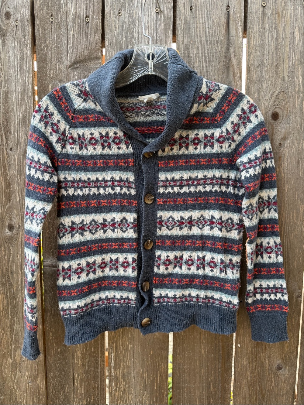 Boy’s 8-9y CrewCuts  Shawl Collar Fair Isle Cardigan Sweater - Navy/Gray/Red